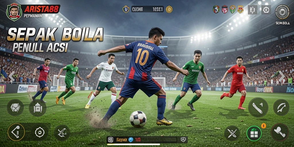 Antarmuka permainan ARISTA88 menampilkan aksi sepak bola yang intens.