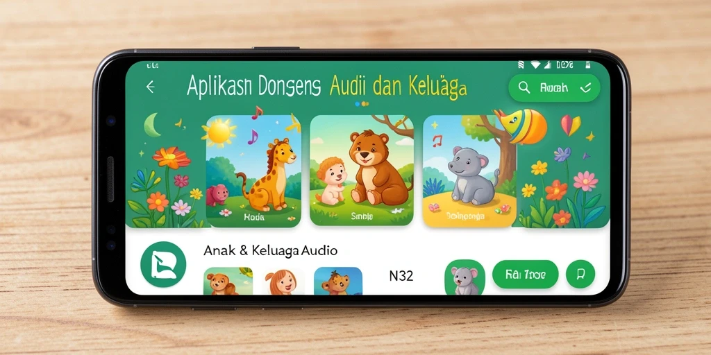 Antarmuka pengguna aplikasi N32 dengan pilihan dongeng audio yang beragam.