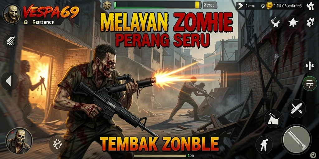 Antarmuka VESPA69 menampilkan aksi menembak zombie yang seru.
